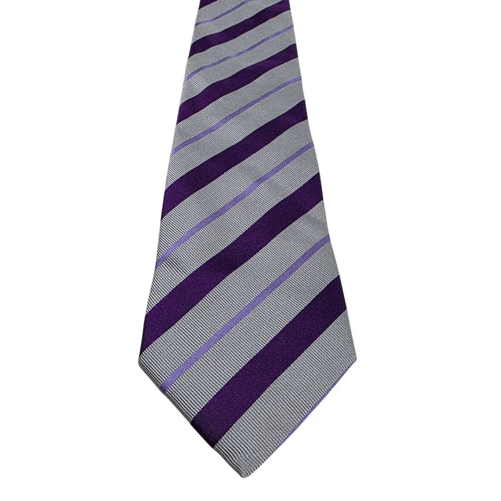 NWT George Neale Mens REPP Striped Silk‎ Necktie Purple Grey Formal Business